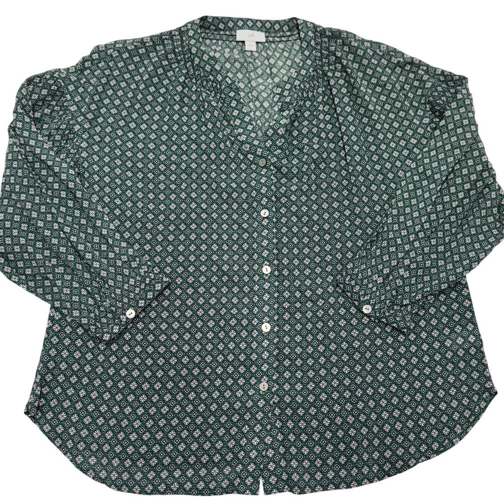 J.Jill Top Womens Small Green White‎ Floral Printed Button Down Flowy Blouse